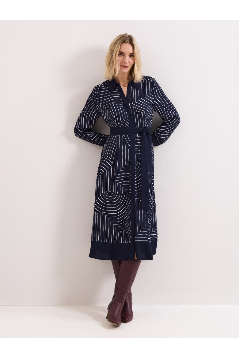 Charlotte Long-Sleeve Belted Midi Dress, Main, color, Navy/Ivory