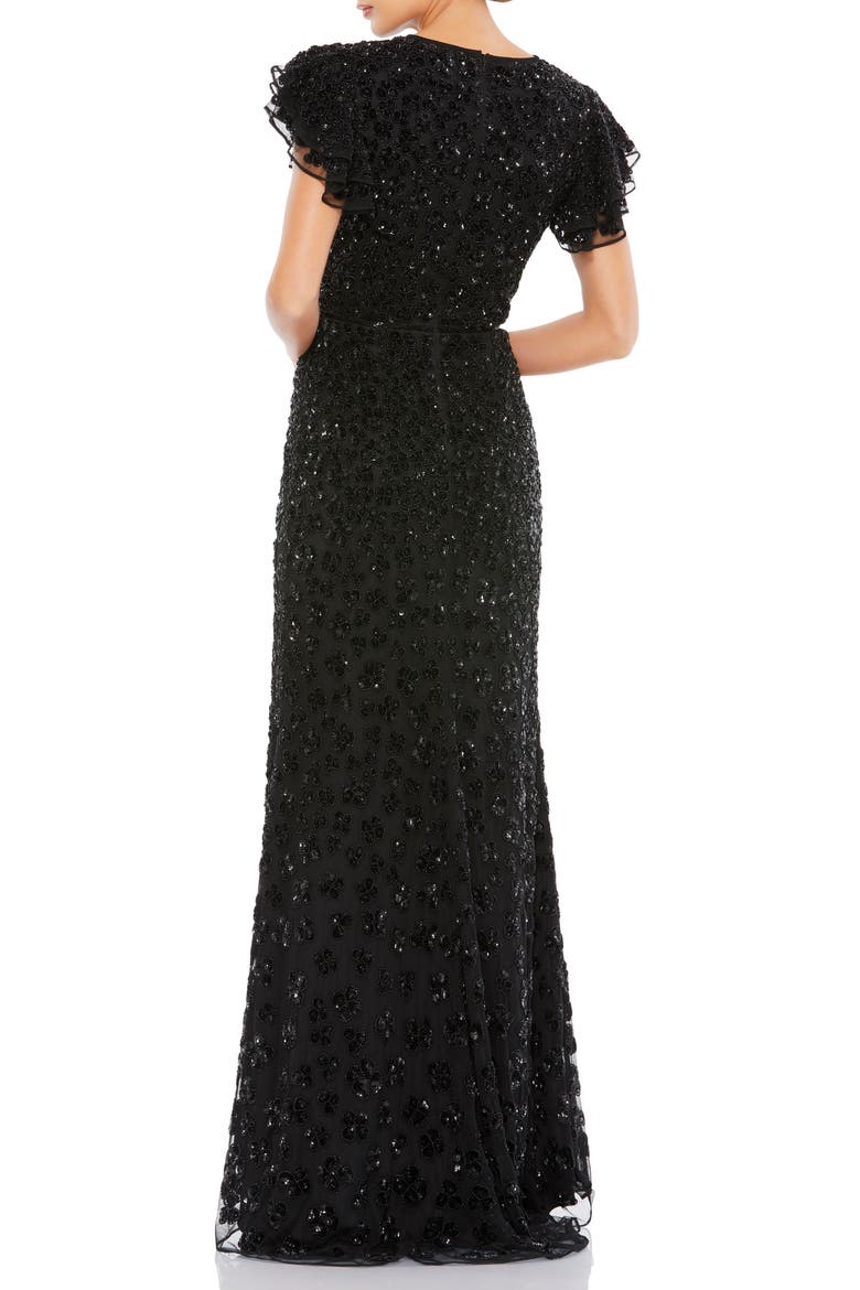 Floral Sequin Cap Sleeve Mesh Gown, Alternate, color, BLACK