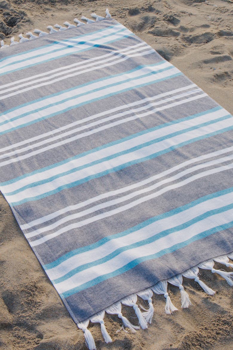 Cove Striped Organic Turkish Towel with Soft Terry Cloth Back, Alternate, color, Black and Turquoise
