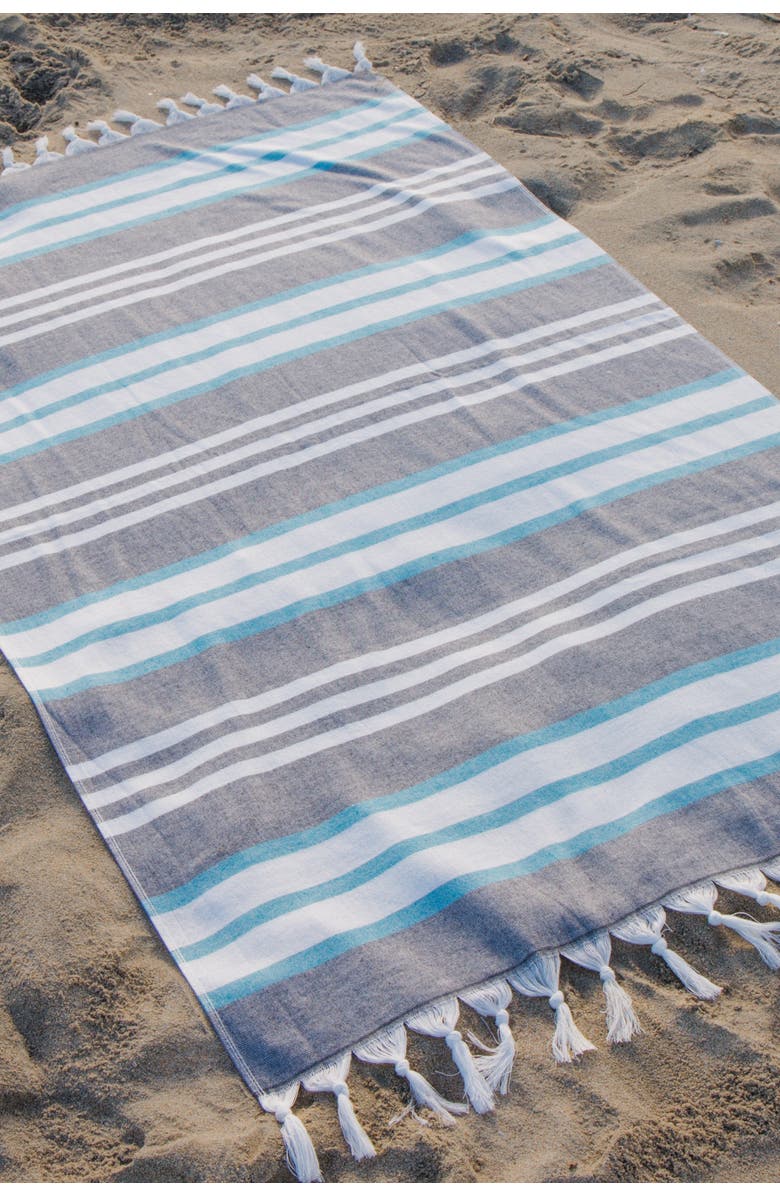 InfuseZen Cove Striped Organic Turkish Towel with Soft Terry Cloth Back, Alternate, color, Black And Turquoise