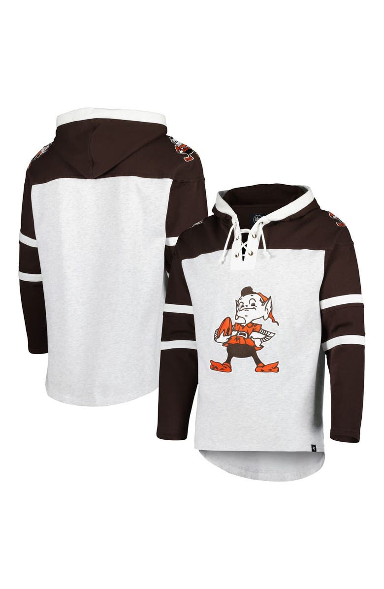 '47 Men's '47 Cleveland Browns Heather Gray Brownie The Elf Historic Logo Gridiron Lace-Up Pullover Hoodie, Main, color, 