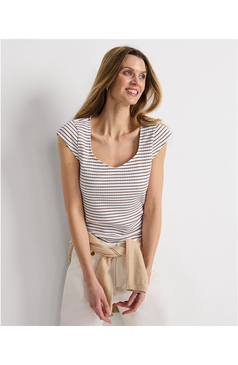 Lands' End Pointelle Cap Sleeve Top, Alternate, color, White/Coriander Easy Stripe