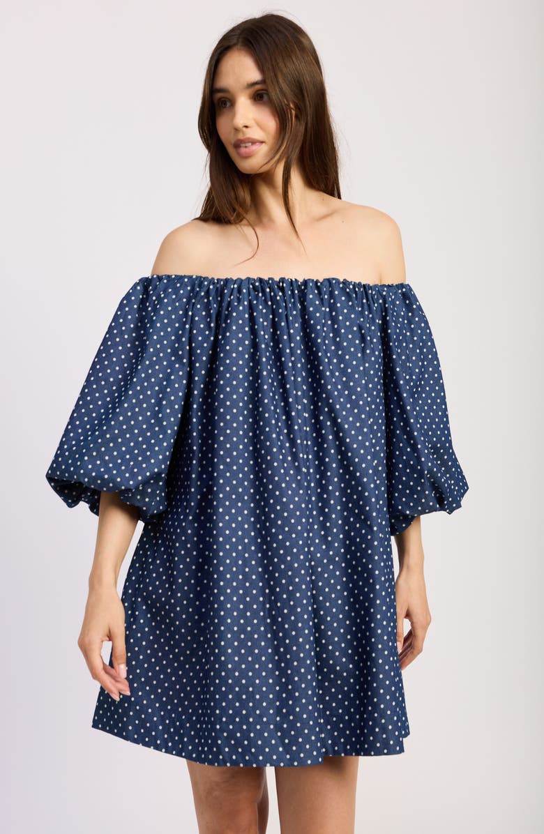 En Saison Dover Off the Shoulder Balloon Sleeve Trapeze Minidress, Alternate, color, Dark Chambray White