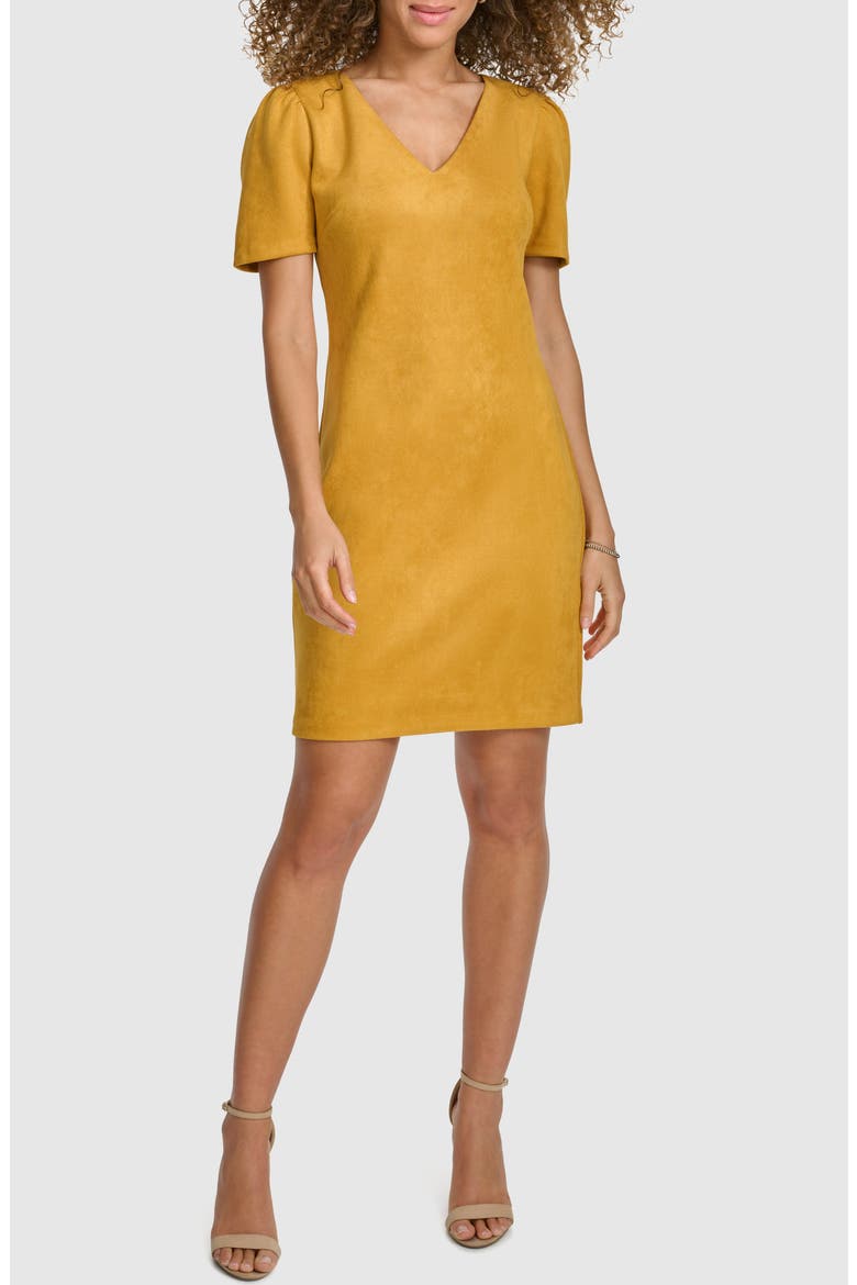 Stretch Faux Suede Shift Minidress, Main, color, CANARY