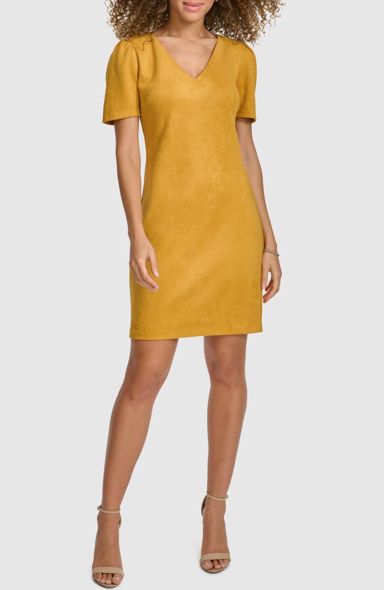 Kensie Stretch Faux Suede Shift Minidress, Main, color, Canary