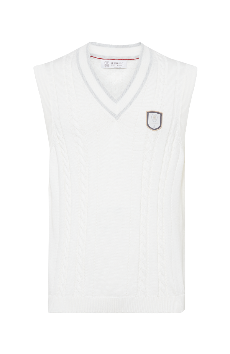 Brunello Cucinelli Cotton cable knit vest with tennis badge, Main, color, 
