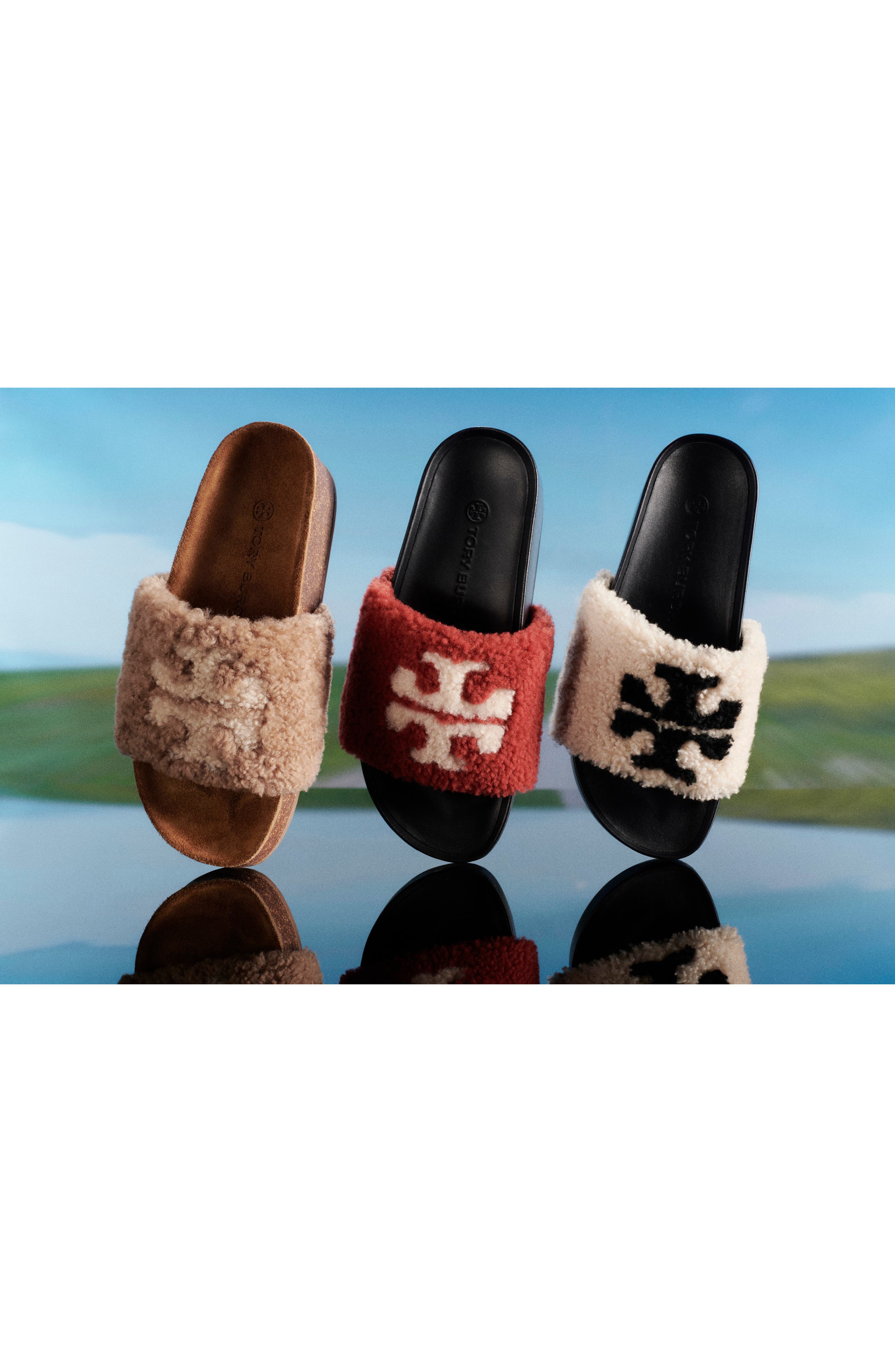 Tory Burch Double T Genuine Shearling Platform Slide Sandal, Alternate, color, 
