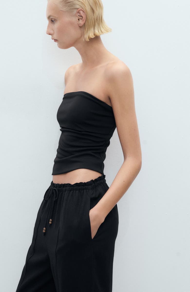 MANGO Drawstring Waist Linen Blend Pants, Alternate, color, Black