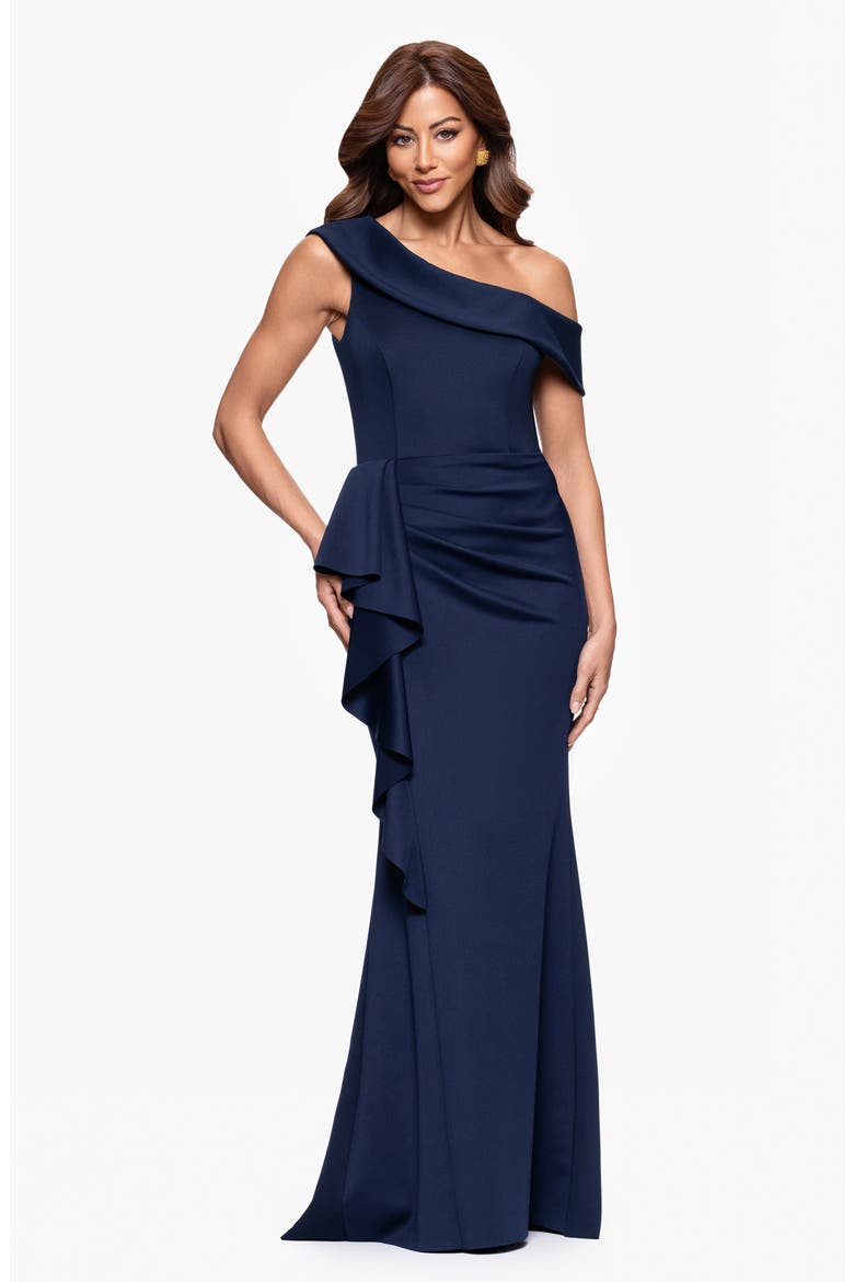 Ruffle One-Shoulder Scuba Knit Gown, Alternate, color, MIDNIGHT