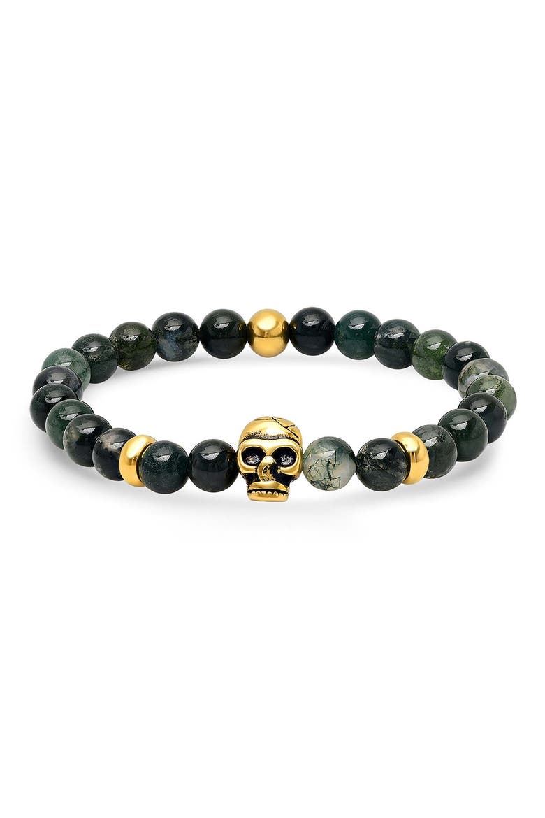Men's Skull Agate Bead Stretch Bracelet, Main, color, GOLD