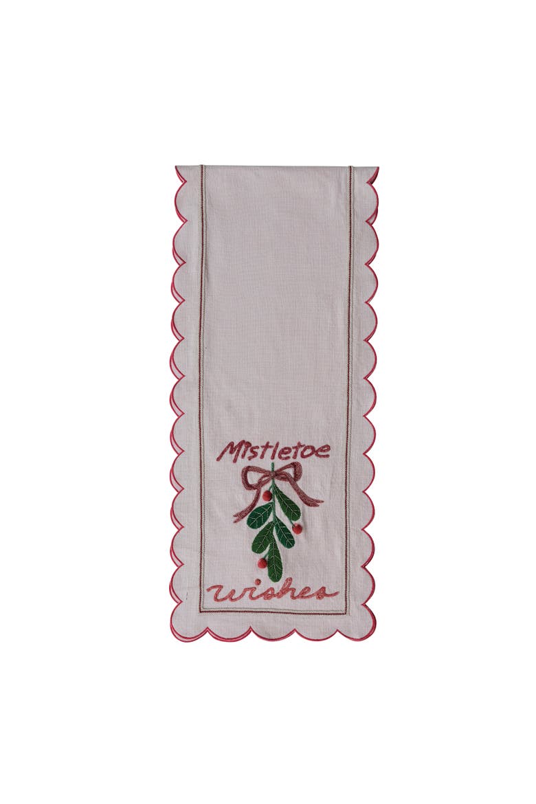 Scalloped Cotton Table Runner in Mistletoe Print, Main, color, Multicolor
