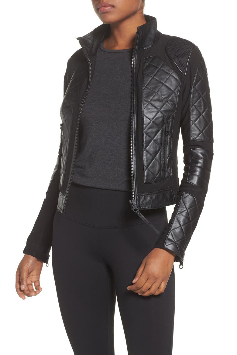 Leather & Mesh Moto Jacket, Main, color, BLACK