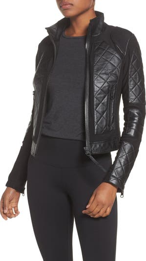 Leather Mesh Moto Jacket Black and White Colorblock