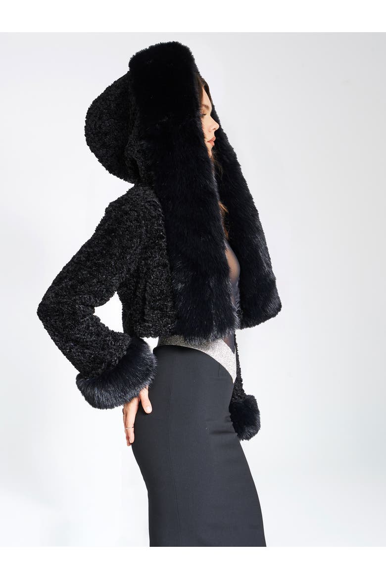 Kali Cropped Faux Fur Jacket With Hood, Alternate, color, Black