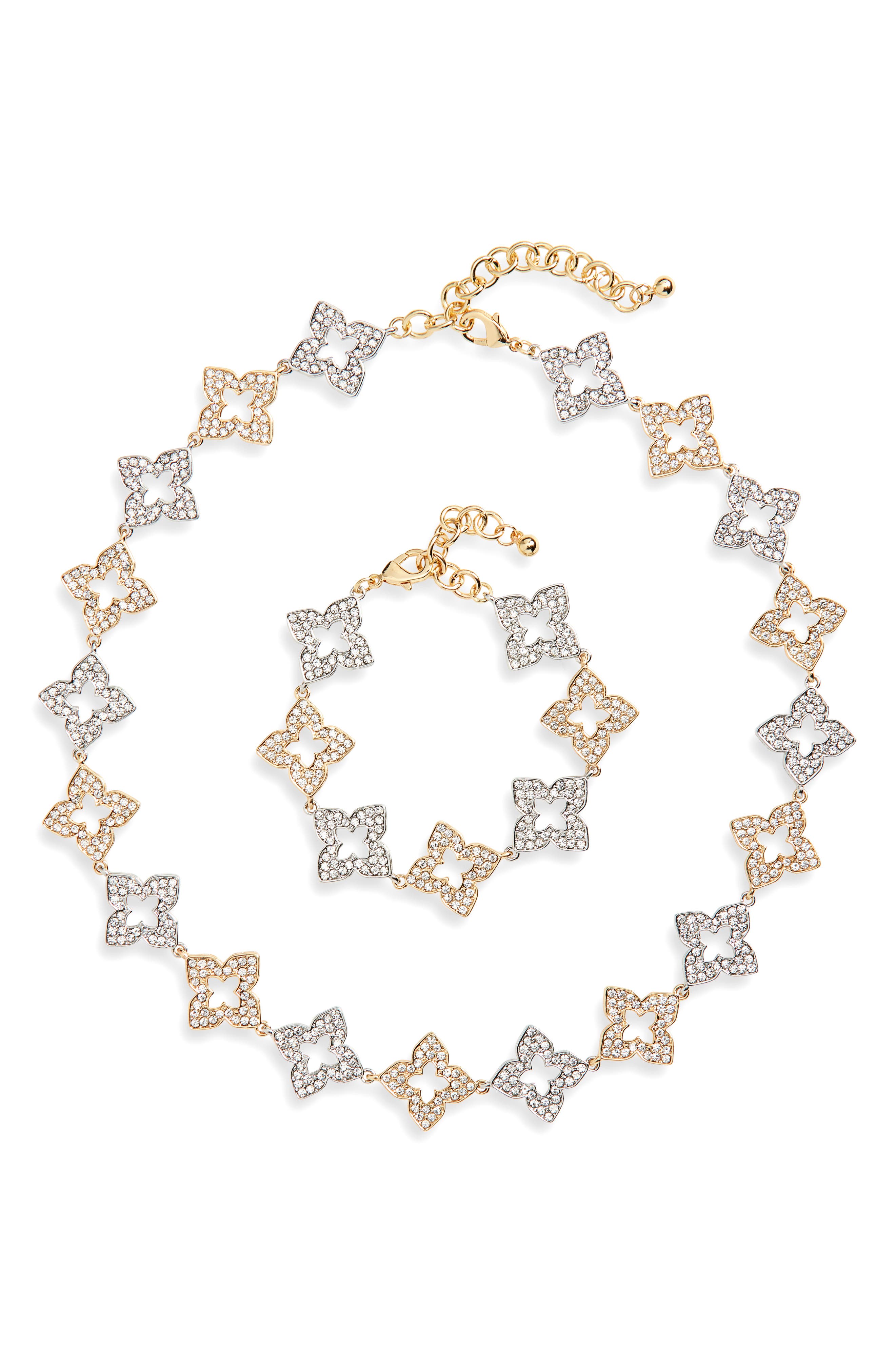 NATASHA Two-Tone Pavé Crystal Flower Necklace & Bracelet Set