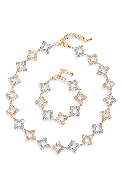 Two-Tone Pavé Crystal Flower Necklace & Bracelet Set