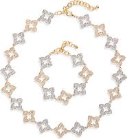 NATASHA Two-Tone Pavé Crystal Flower Necklace & Bracelet Set