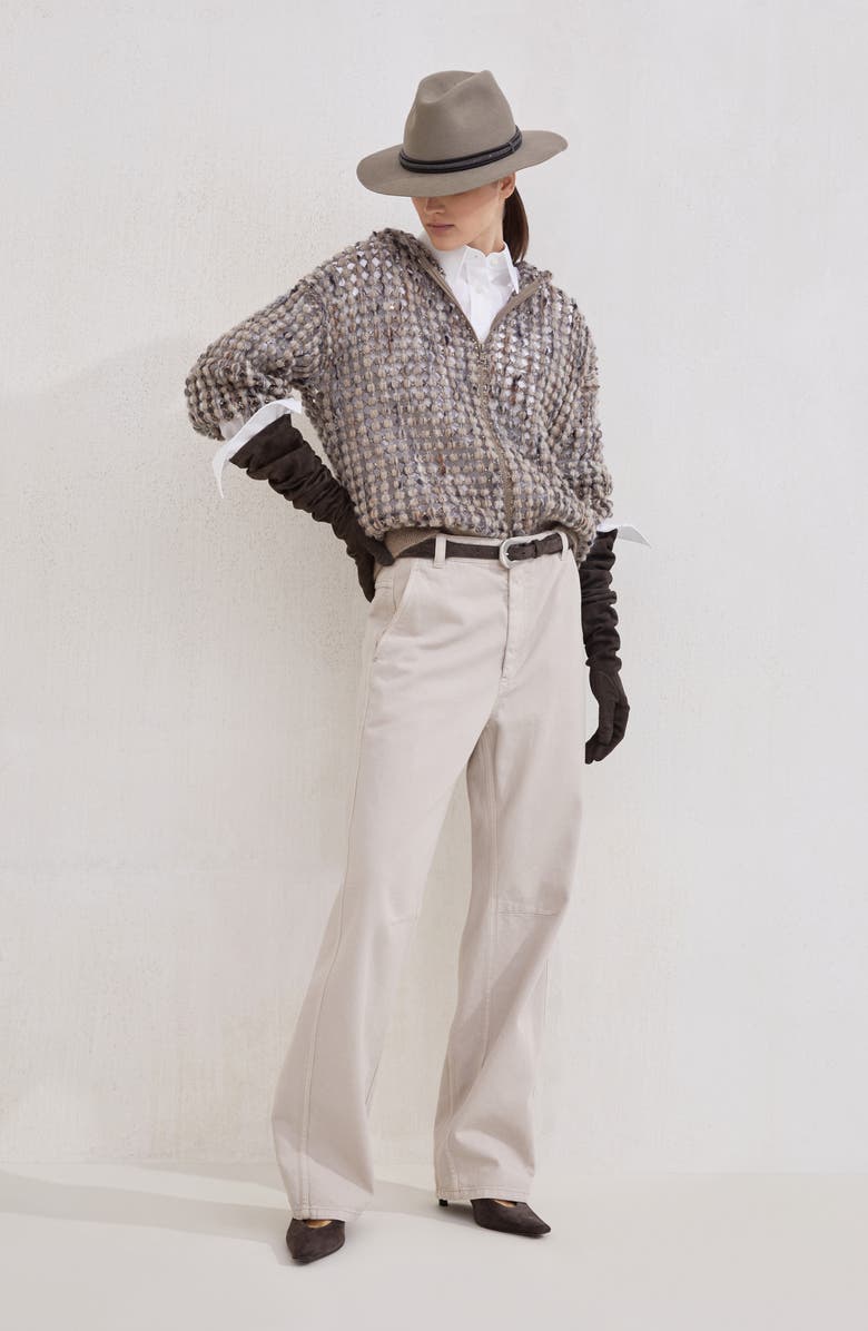 Brunello Cucinelli Balloon net cardigan, Alternate, color, Camel