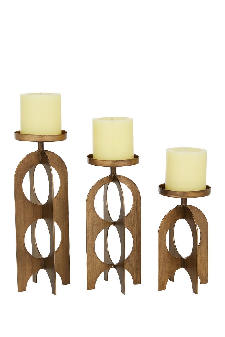 Goldtone Metal Handmade Pillar Candle Holder - Set of 3, Alternate, color, GOLD