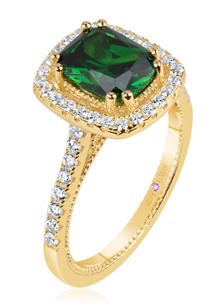 Yellow Rhodium Plated Sterling Silver Cushion-Cut CZ Ring, Alternate, color, GREEN