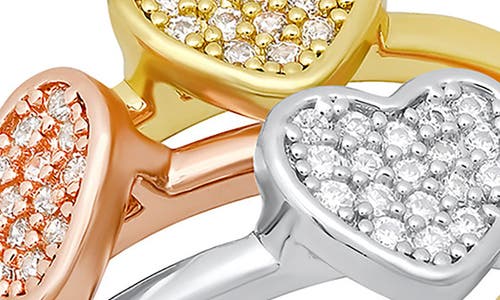 Hmy Jewelry Set Of 3 Tri-tone Pavé Heart Rings In Gold