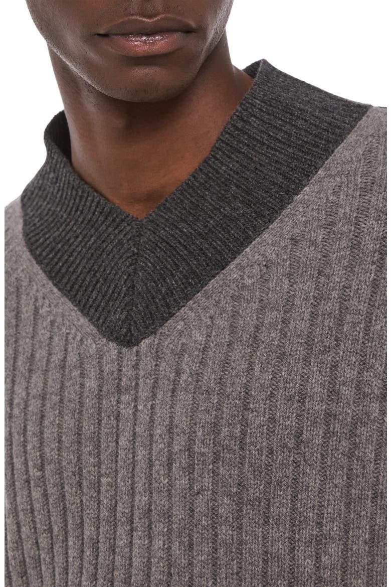 Contrast V-Neck Wool Sweater, Alternate, color, LIGHT GREY BICOLOR