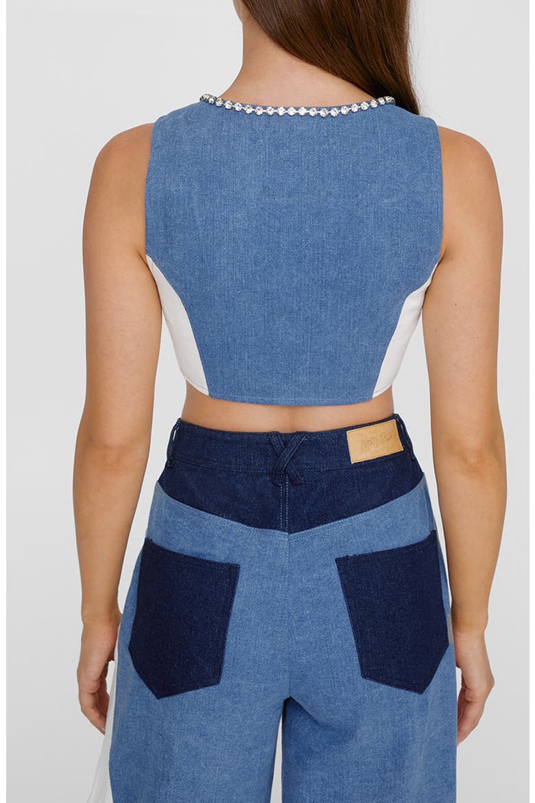 Embellished Trim Colorblock Denim Crop Top, Alternate, color, BLUE MULTI