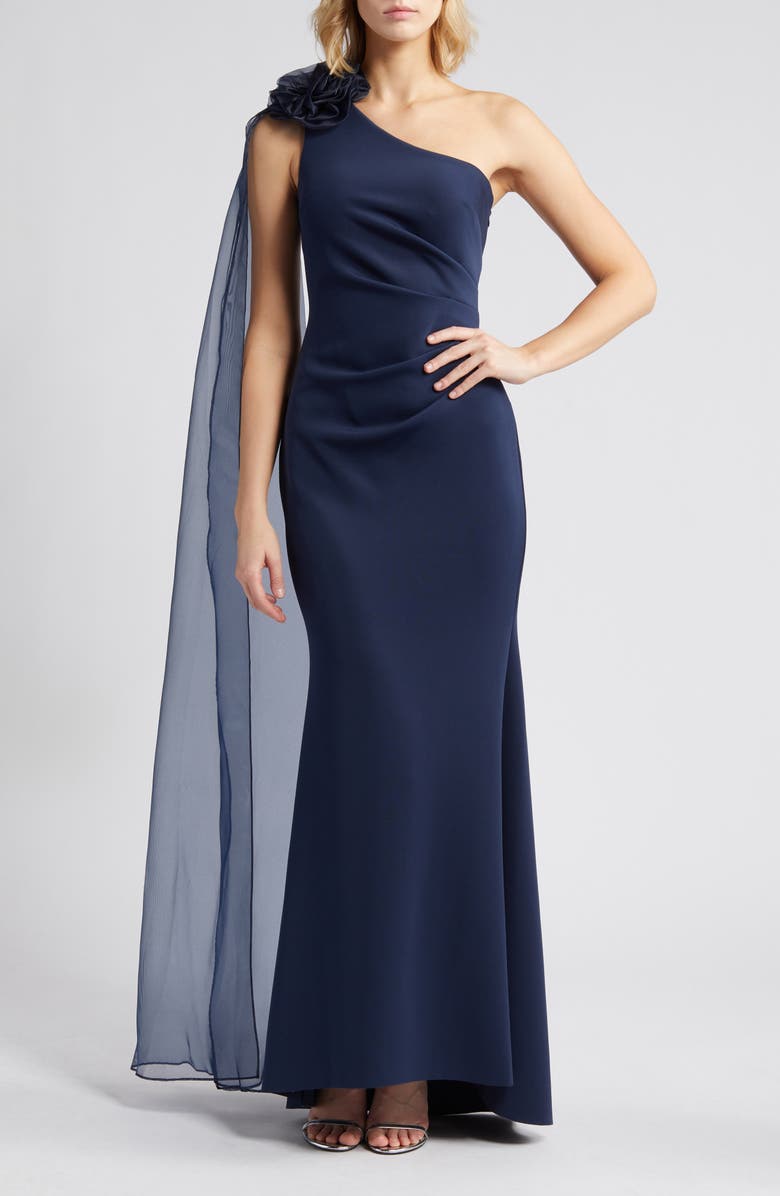 Eliza J One Shoulder Jersey Gown with Scarf Detail, Main, color, Navy