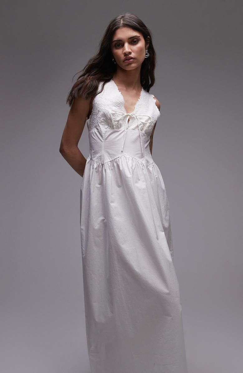 Topshop Embroidered Tie Front Cotton Sundress, Alternate, color, White