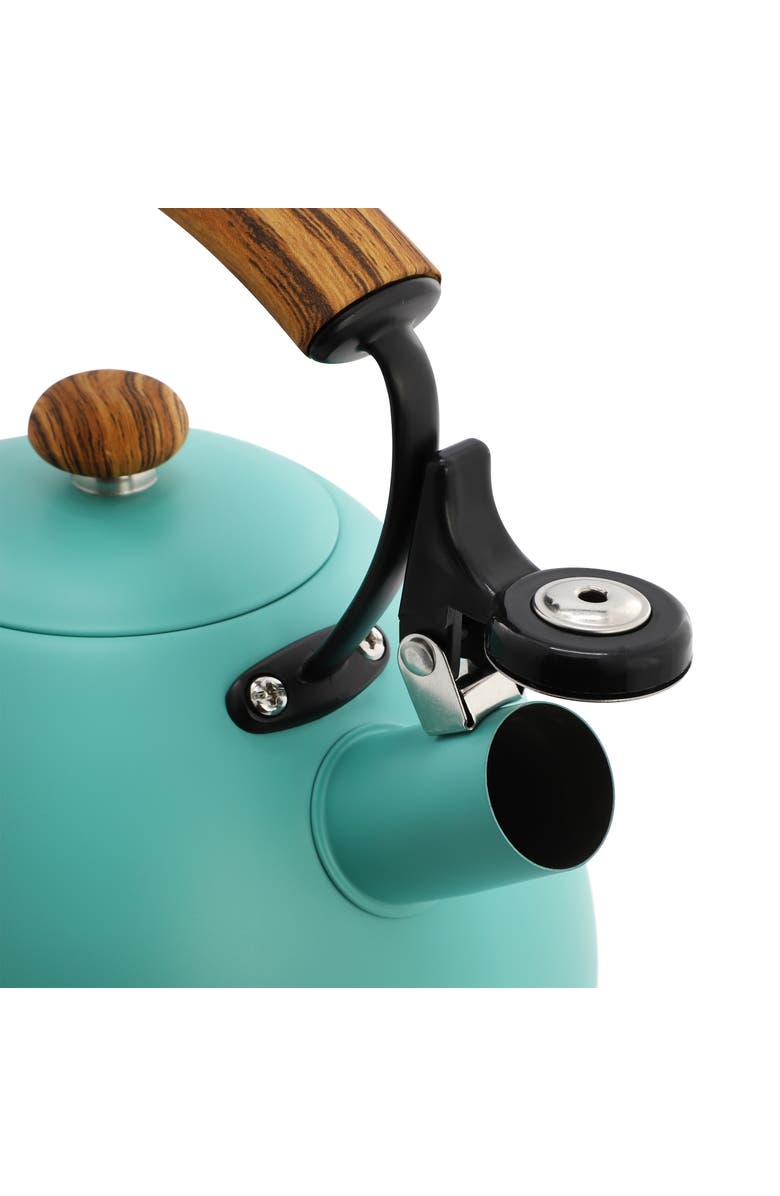 Megachef 3.2 Quart Whistling Tea Kettle with Wood Grain Nylon Cool Touch Handle, Alternate, color, Matte Turquoise