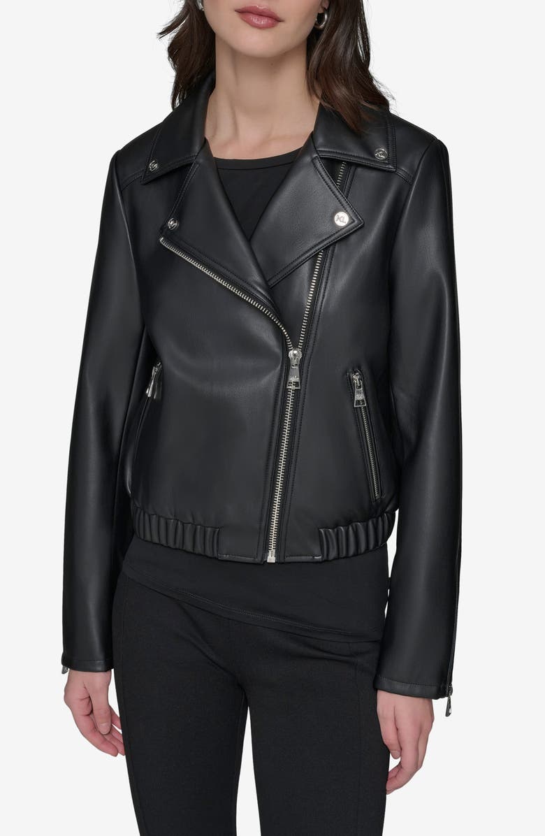 KARL LAGERFELD PARIS Water Resistant Faux Leather Moto Jacket, Main, color, 