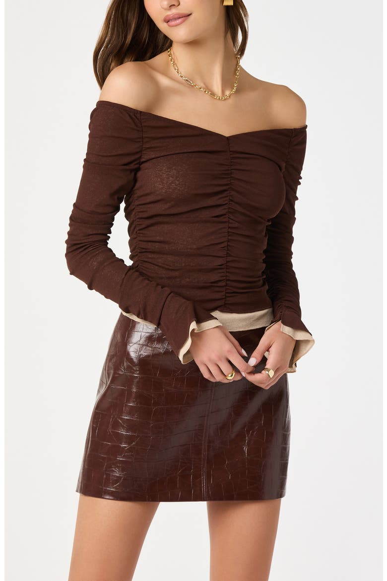 Ruched Off the Shoulder Top, Alternate, color, BROWN