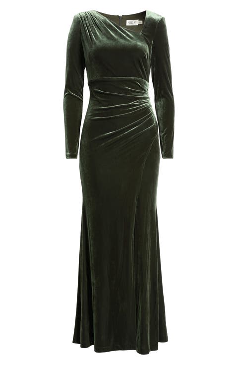 Ruched Velvet Long Sleeve Gown
