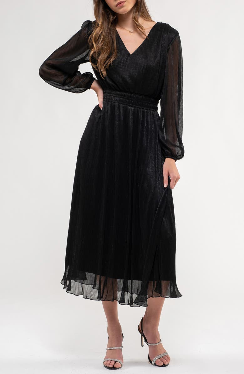 AUGUST SKY Plissé Long Sleeve Midi Dress, Alternate, color, 