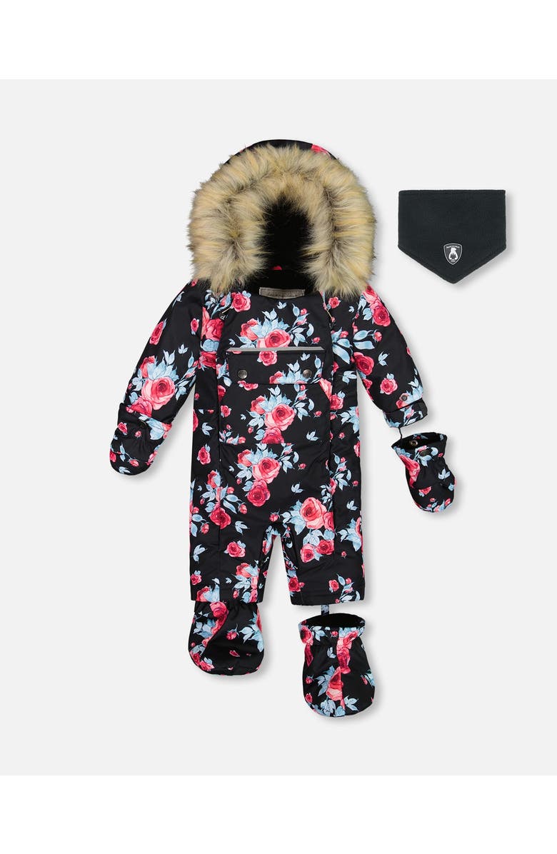Deux par Deux Baby Girl's One Piece Baby Snowsuit Black Printed Roses Designed For Car Seat, Main, color,