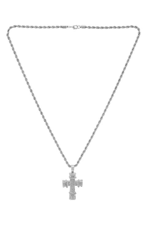 Men's Stainless Steel Pavé Crystal Cross Pendant Necklace
