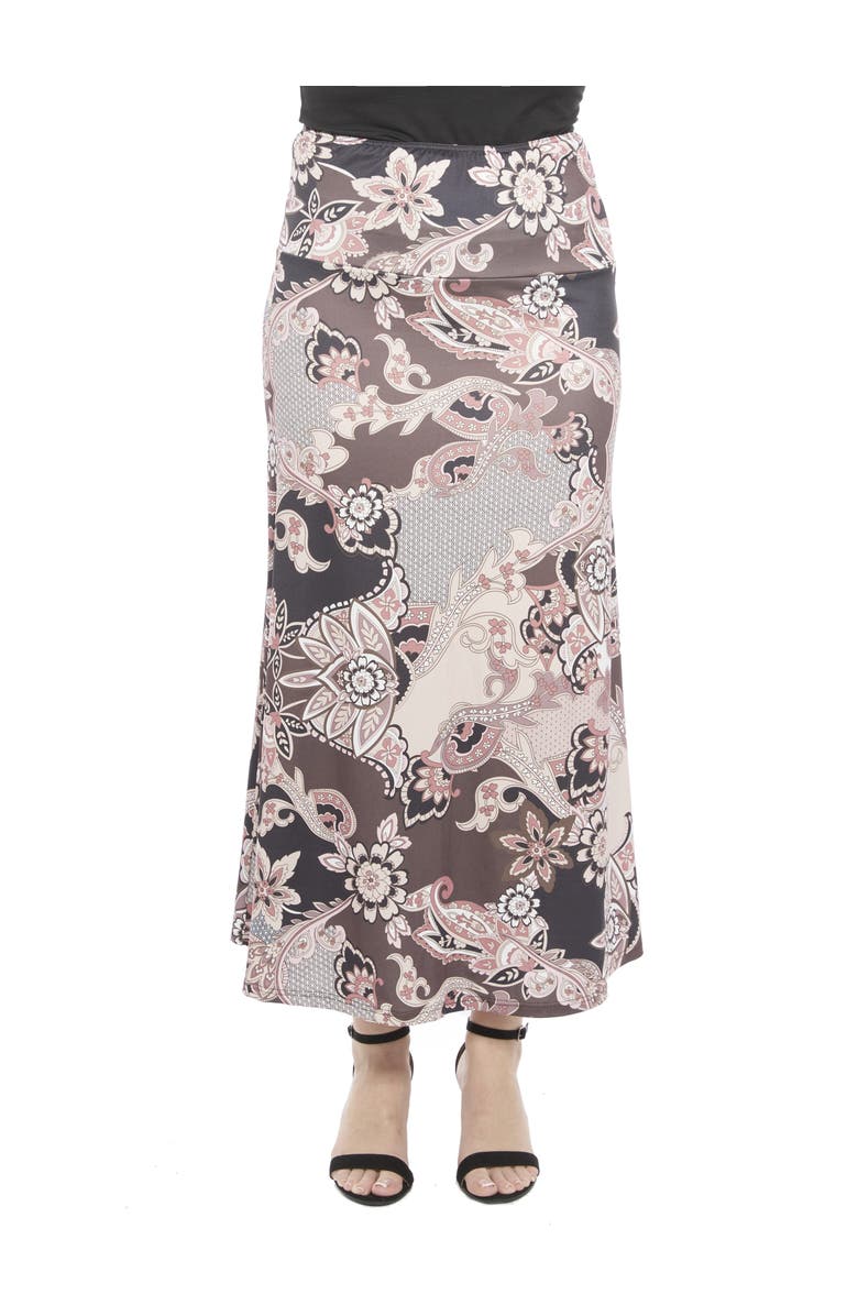 24seven Comfort Apparel Womens Paisley Elastic Waist A-Line Maxi Skirt, Main, color, Brown Multi