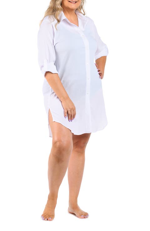 Crinkle Crepe Swim Cover-Up Camp Shirt