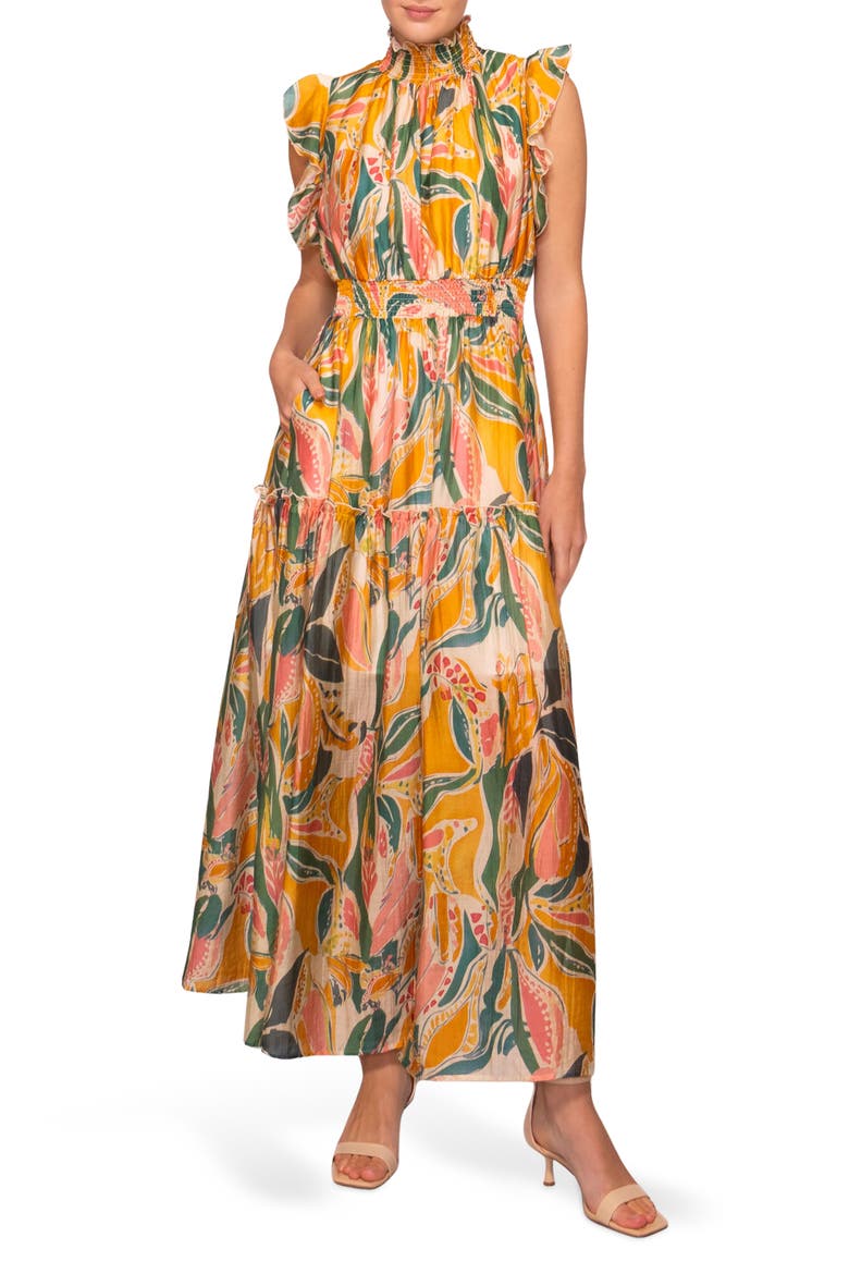 Floral Flutter Sleeve Maxi Dress, Main, color, YELLOW MULTI