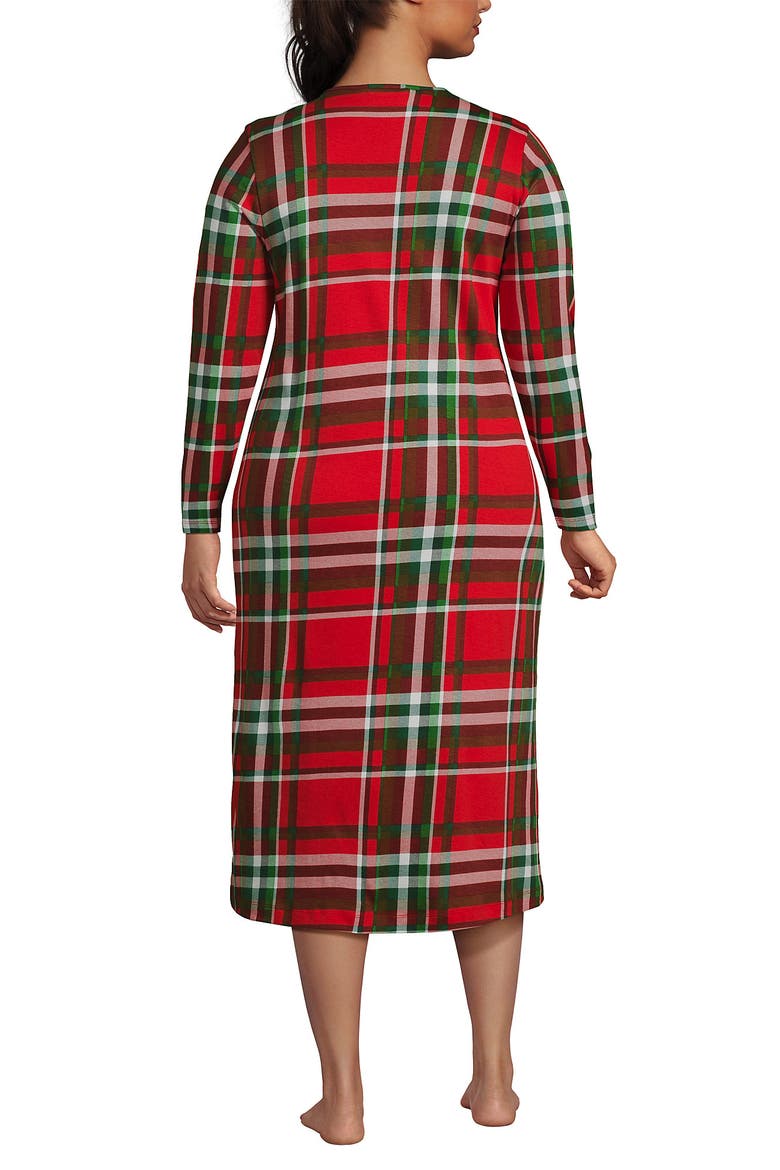 Cotton Long Sleeve Midcalf Nightgown, Alternate, color, Compass Red/Emerald Plaid