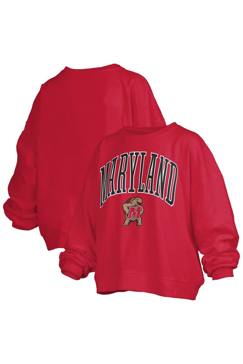 Women's Pressbox Red Maryland Terrapins Janise Arch Over Logo Waist Length Oversized Pullover Sweatshirt, Main, color, Red