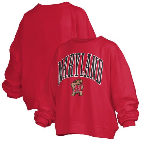 Women's Pressbox Red Maryland Terrapins Janise Arch Over Logo Waist Length Oversized Pullover Sweatshirt