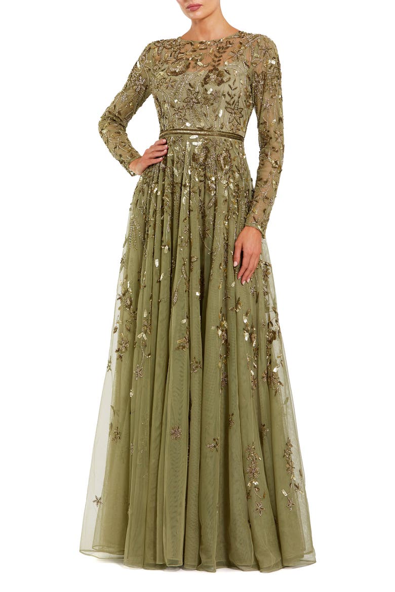 Women's Long Sleeve Mesh Floral Embellished Gown, Main, color, Green