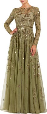 Mac Duggal Women's Long Sleeve Mesh Floral Embellished Gown