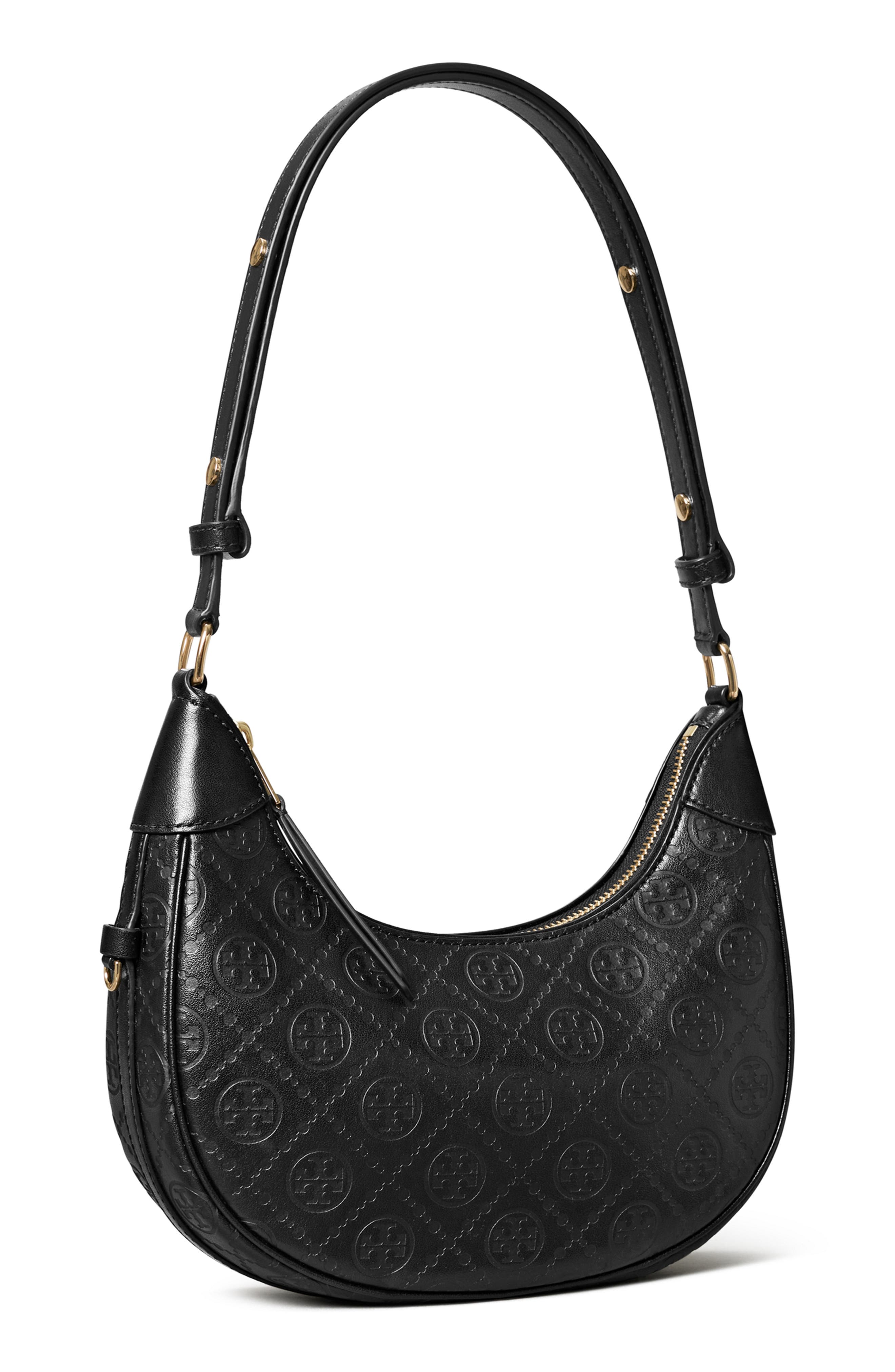 Tory Burch T-Monogram Embossed Crescent Shoulder Bag, Alternate, color, Black