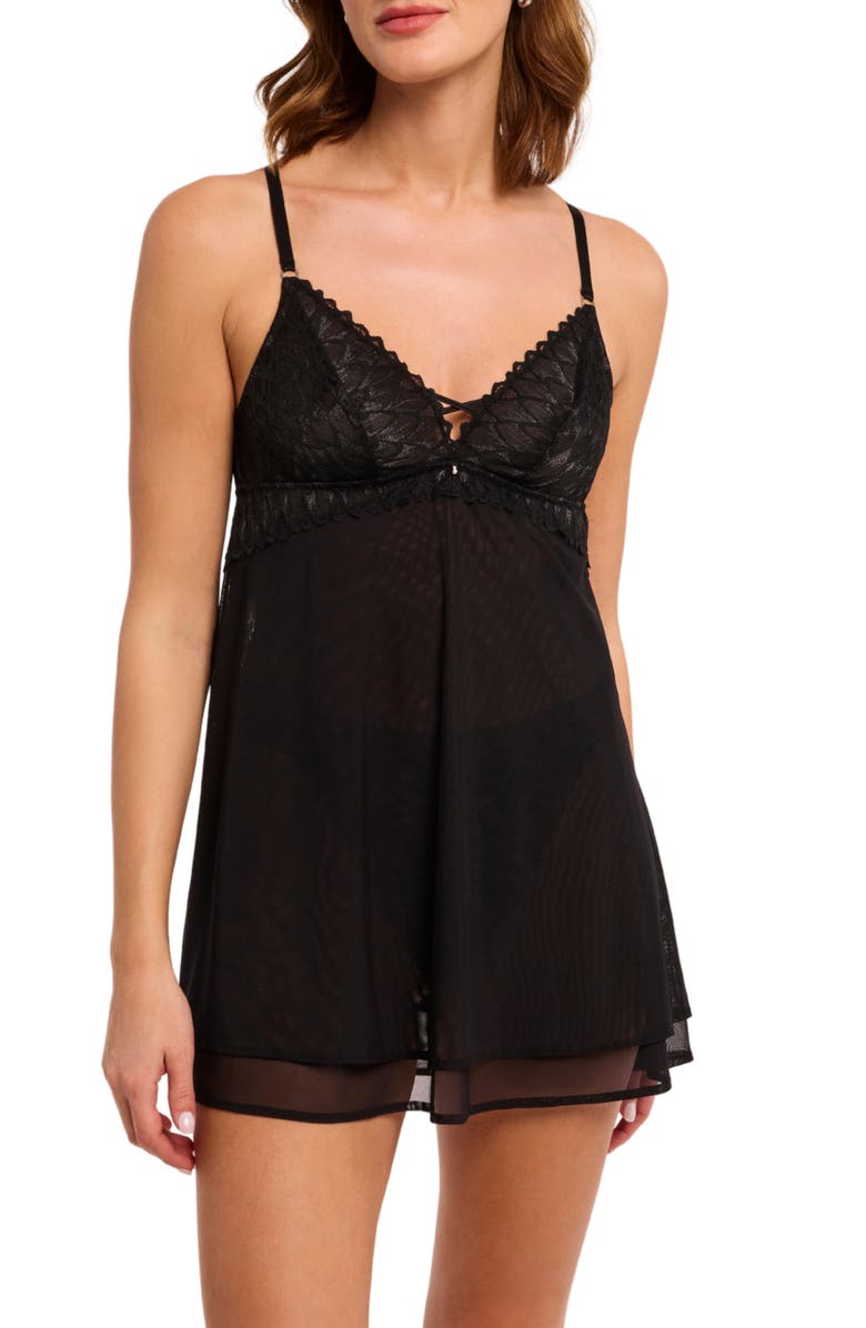 Montelle Intimates Lacy Babydoll Chemise & Thong Set, Main, color, Black