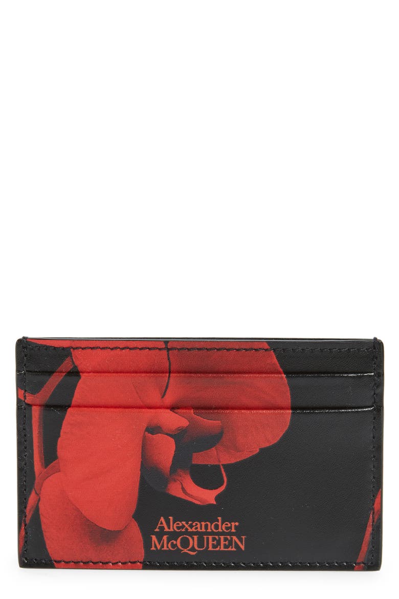 Orchid Print Leather Card Holder, Main, color, BLACK/ L.RED