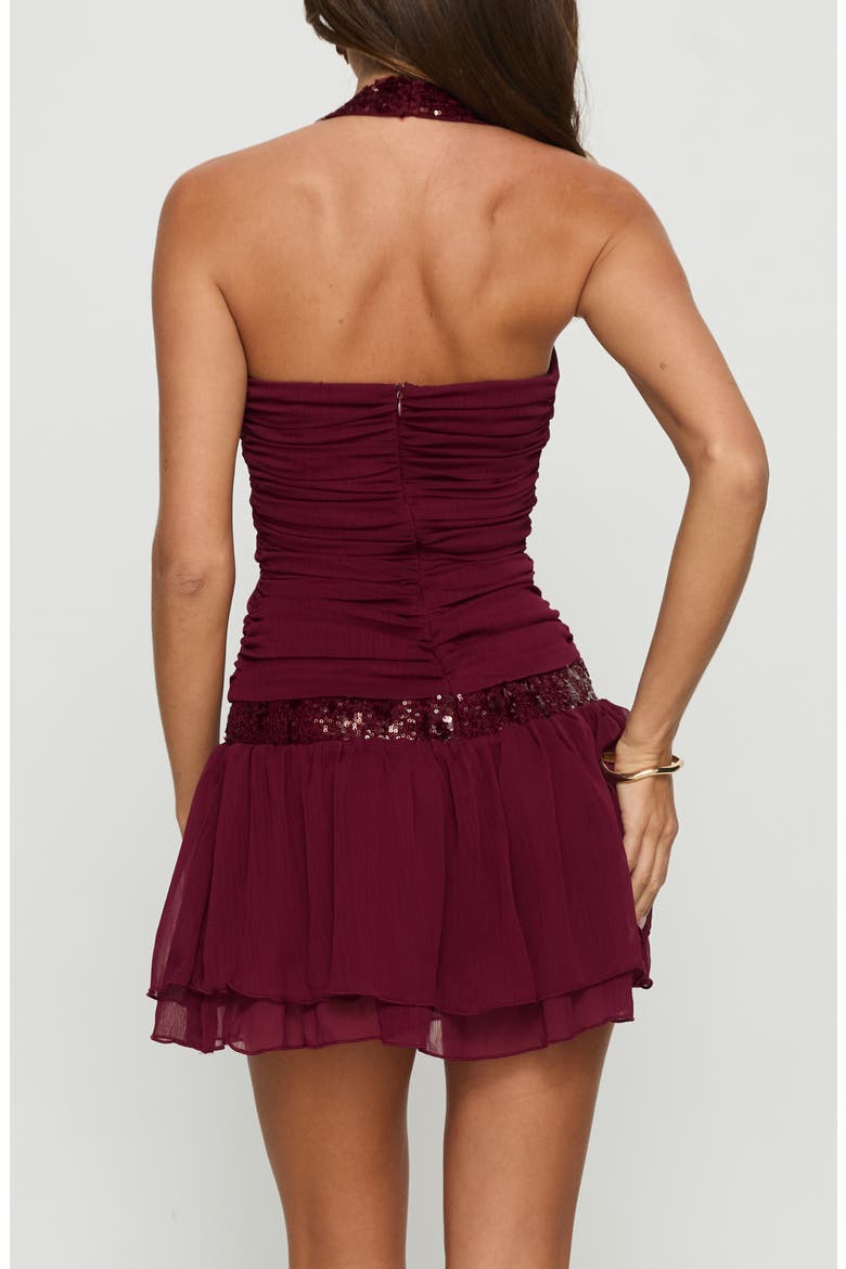 Aisleigh Sequin Ruched Halter Minidress, Alternate, color, BERRY