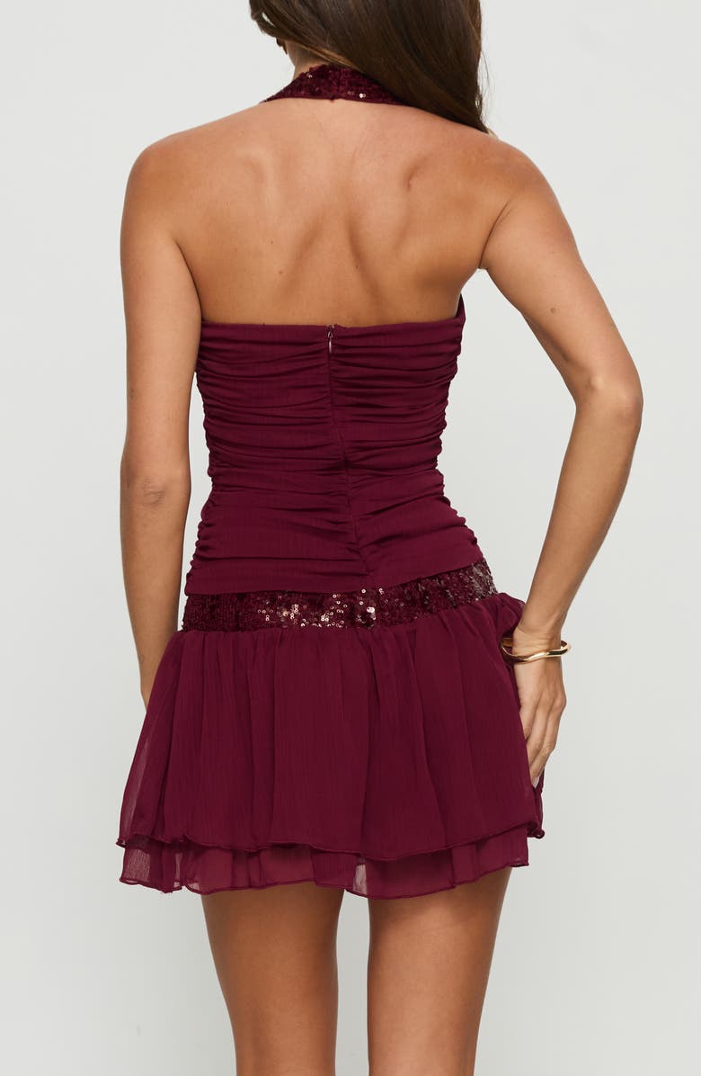 Princess Polly Aisleigh Sequin Ruched Halter Minidress, Alternate, color, Berry