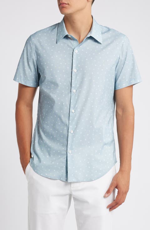 Slim Fit Dot Print Short Sleeve Stretch Button-Up Shirt